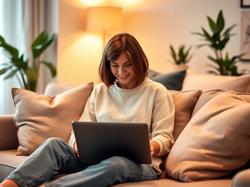 A serene image of a person relaxing comfortably at home while engaging in a virtual therapy session on a laptop, showcasing the convenience of online mental health care.