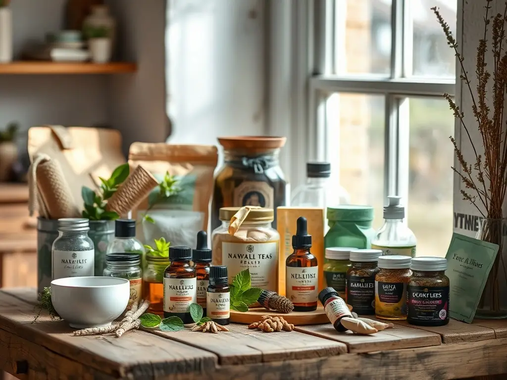 A close-up image of various herbal teas and natural supplements, highlighting the use of natural remedies to support mental health and overall wellness.