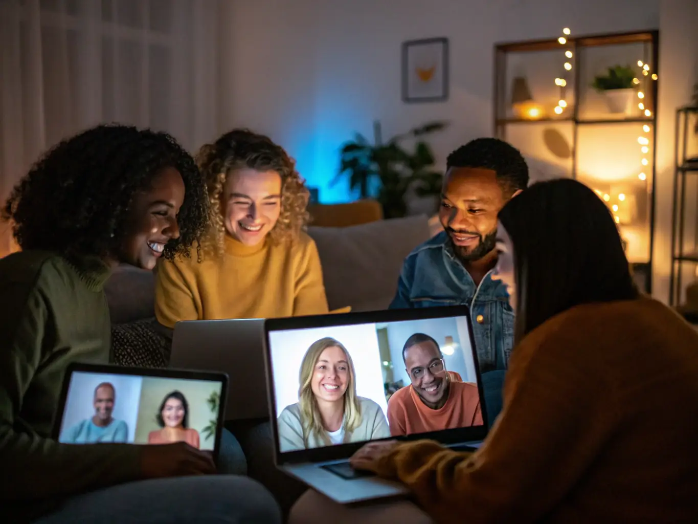 A serene image depicting a diverse group of people participating in a virtual group therapy session, all smiling and engaged, symbolizing community and support in mental health care.