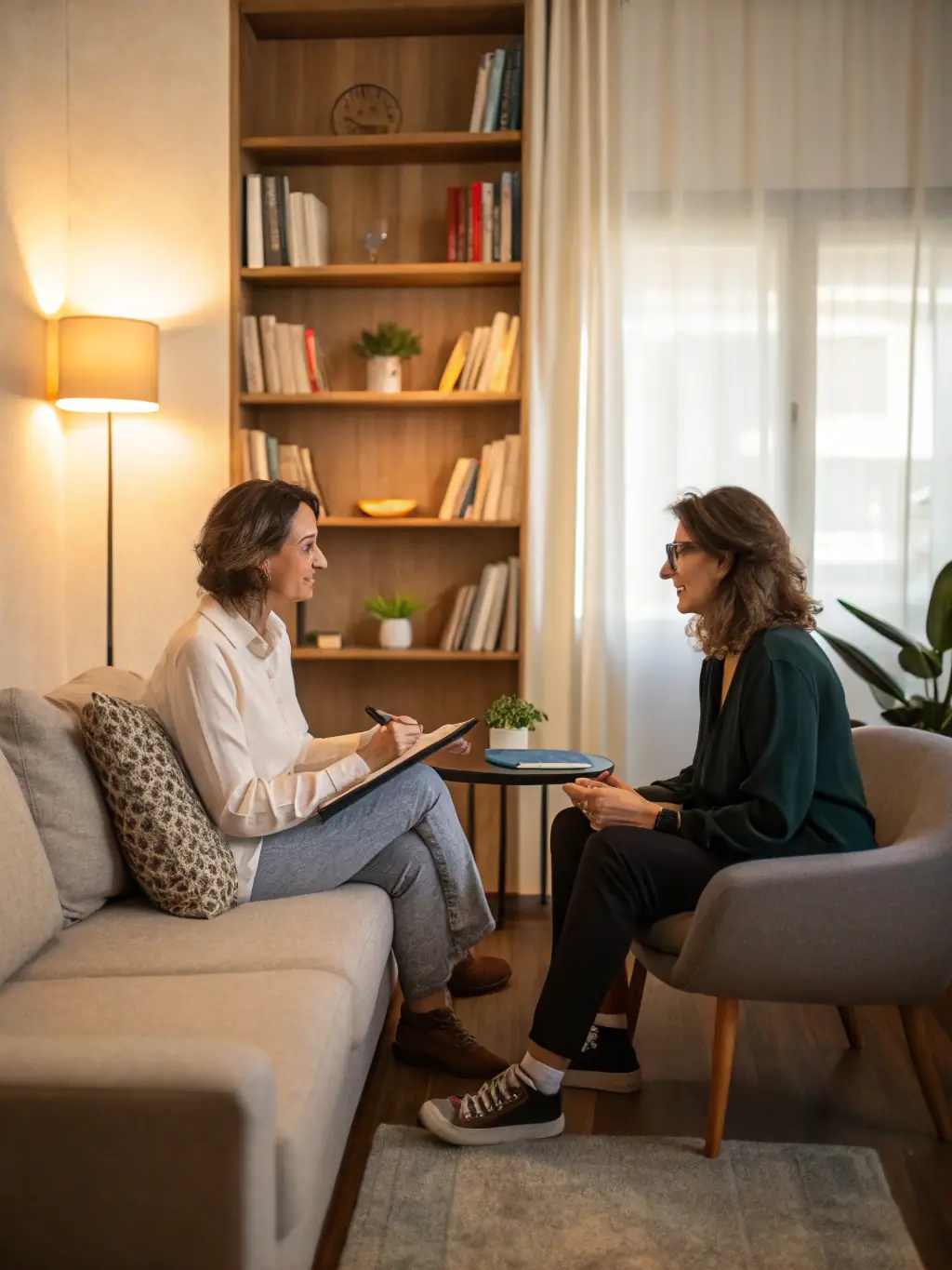 A person smiling genuinely while talking to a therapist in a bright, modern office setting, emphasizing the initial evaluation included in The Simple Plan.