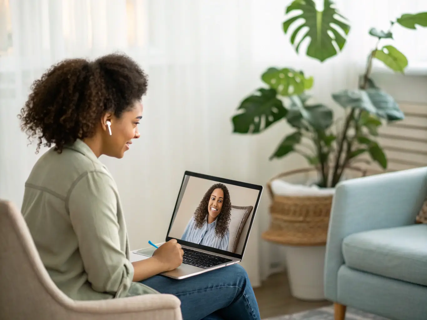 A warm and inviting image of a therapist in a telehealth session, actively listening and providing empathetic support to a client, showcasing the compassionate aspect of the virtual care service.