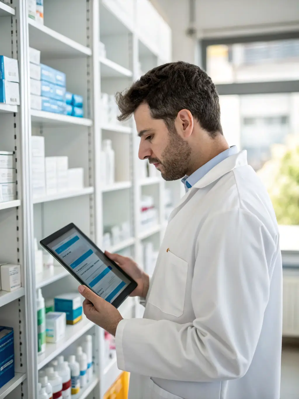 A pharmacist reviewing a patient's medication list, emphasizing the annual medication review included in The Simple Plan.